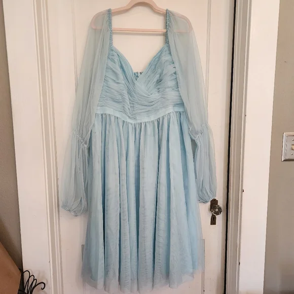 Eloquii Plus Size Puff Sleeve Tulle Romance Midi Dress Stratosphere Baby Blue 16 - Picture 4 of 12